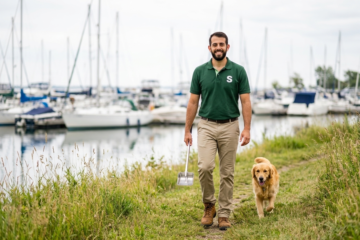 Ernie and dog scoopwell in Pickering Marina