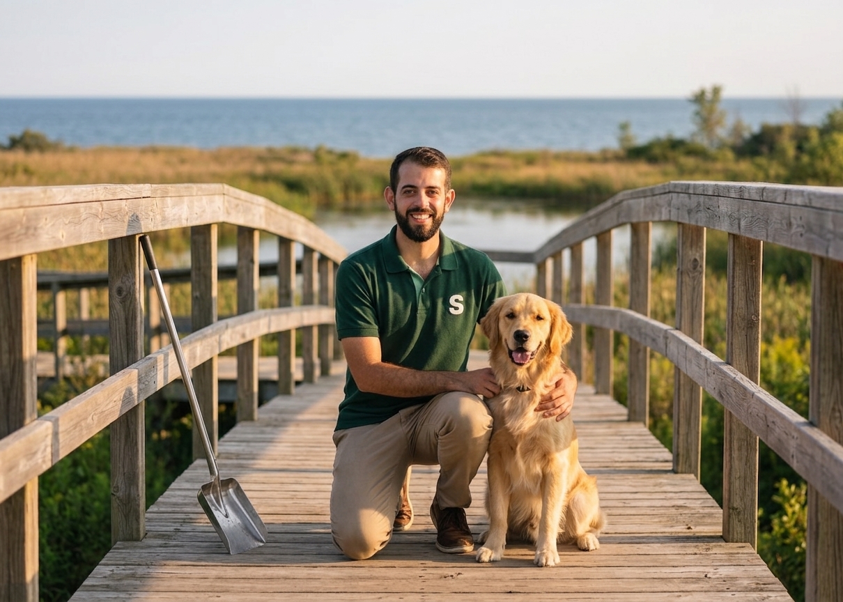 Ernie with dog scoopwell in ajax waterfront trail